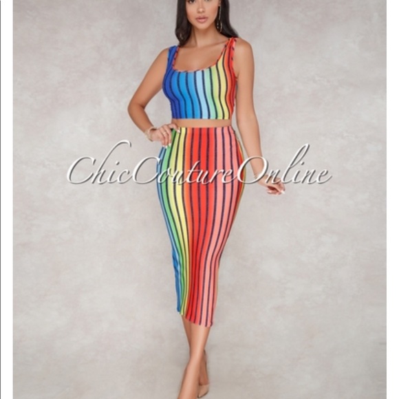 Chic Couture Sayla Multi Color Stripes Two Piece skirt Set Syle M - Picture 1 of 11